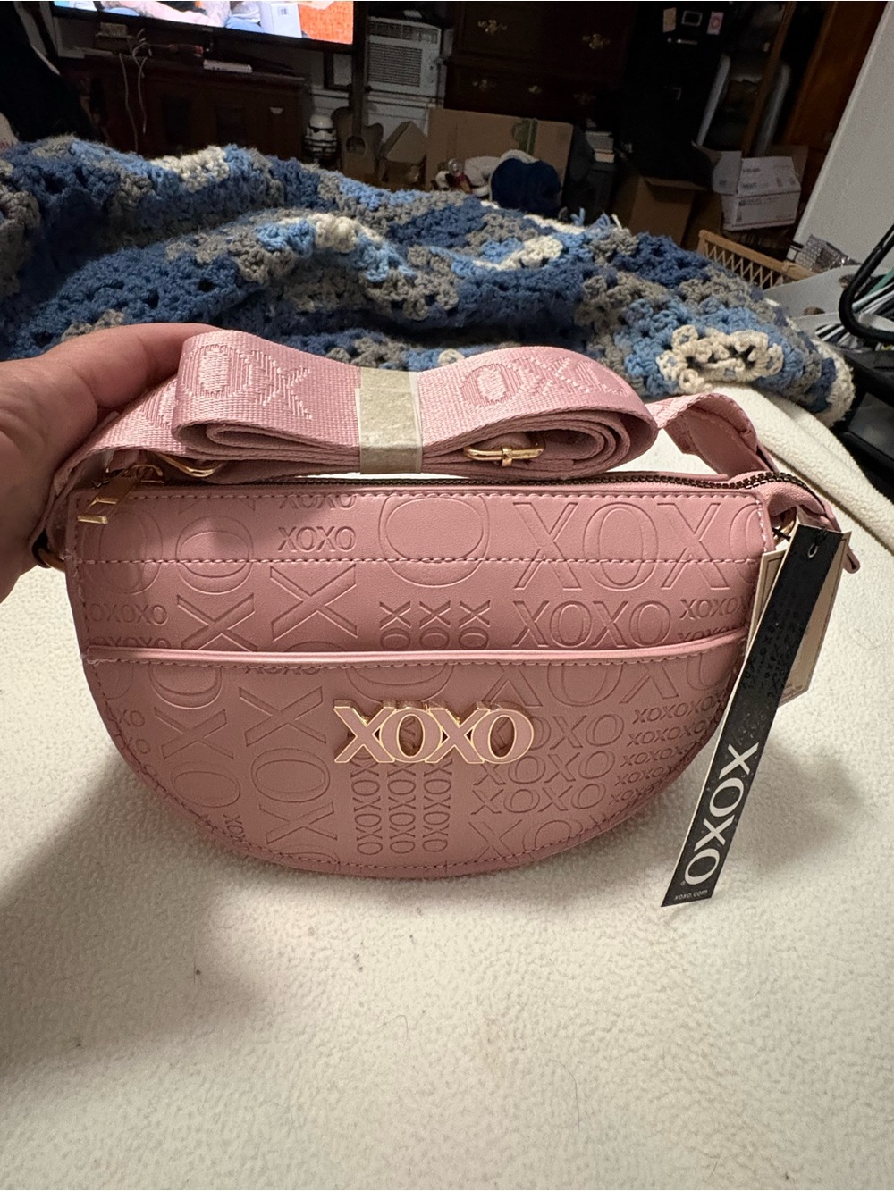 XOXO Pink Embossed Logo Crossbody Bag with Gold Accents